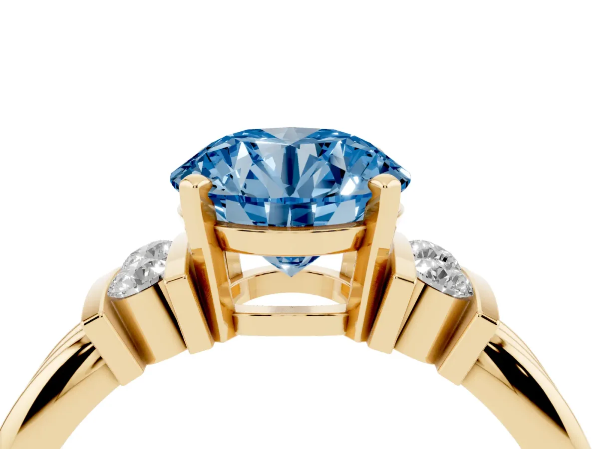 Fancy Blue Round Cut Cut Three-Stone Channel Set Ring with Bar Prongs Yellow gold