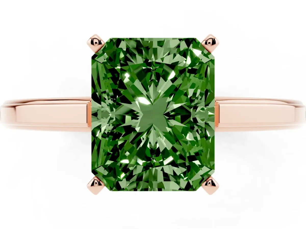 Fancy Green Radiant Cut Solitaire Diamond Ring with Four-Prong Setting and Classic Band Rose gold