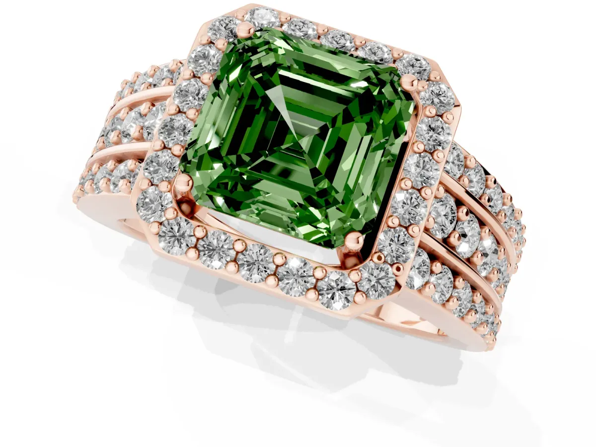 Fancy Green Asscher Cut Halo Diamond Ring with Round Split Shank and Prong Setting Rose gold