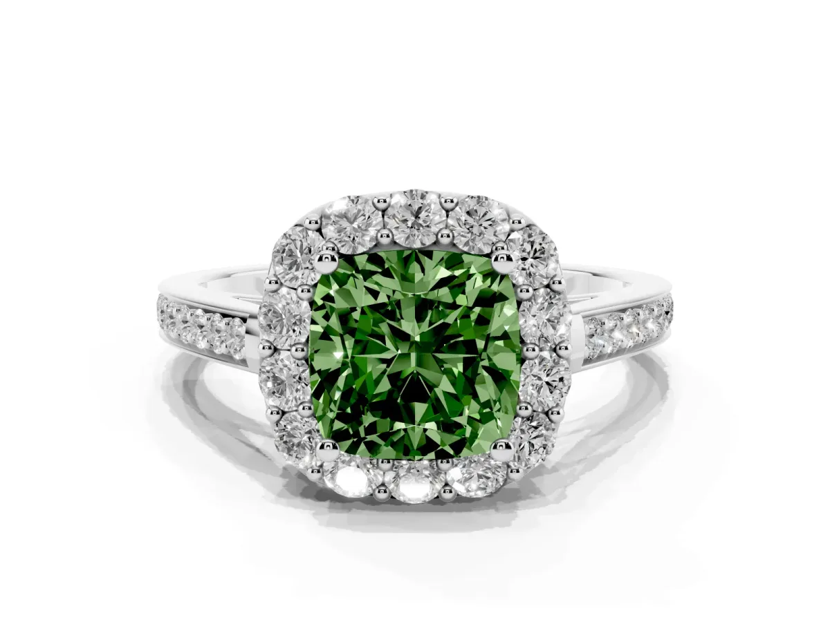 Fancy Green Cushion Cut Diamond Floral Halo Ring with Pavé Band and Prong Setting White gold