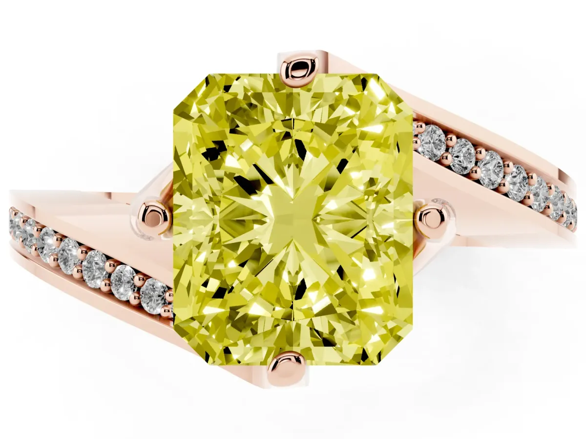 Fancy Yellow Radiant Cut Solitaire Diamond Twist Band with Pavé Setting and Four-Prong Setting Rose gold