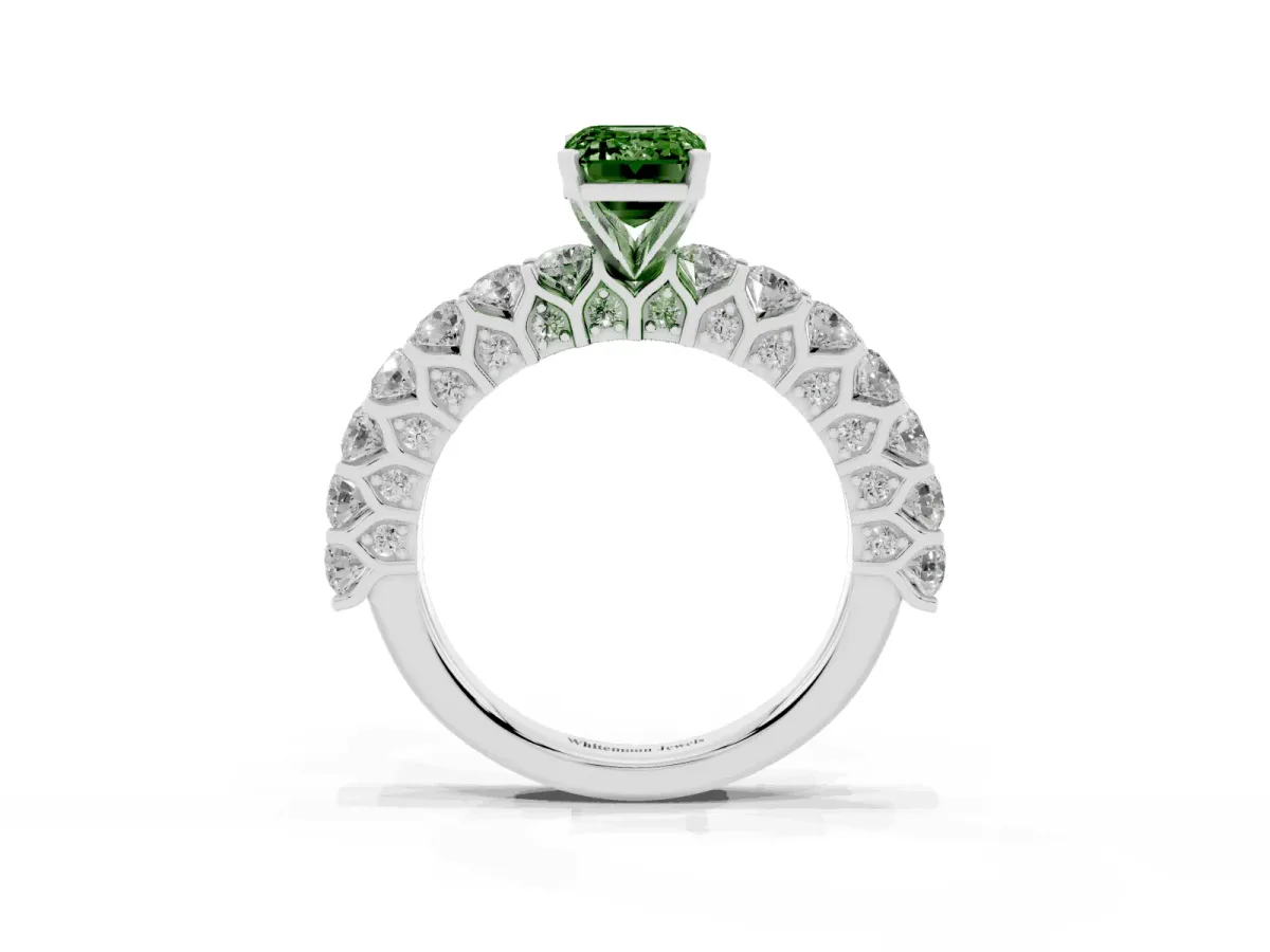 Fancy Green Emerald Cut Diamond Solitaire Ring with Shared Prong Pavé Band and Four-Prong Setting Silver