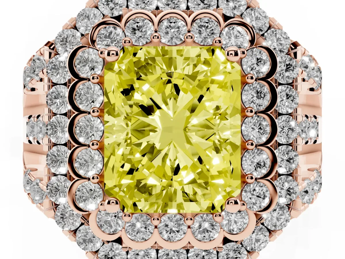 Fancy Yellow Radiant Cut Diamond Double Halo Ring with Round Pavé Split Shank and Prong Setting Rose gold