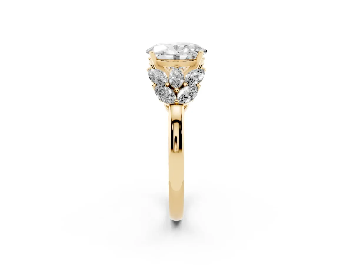 Oval Cut Diamond Cluster Leaf Design Ring with Prong Setting Yellow gold