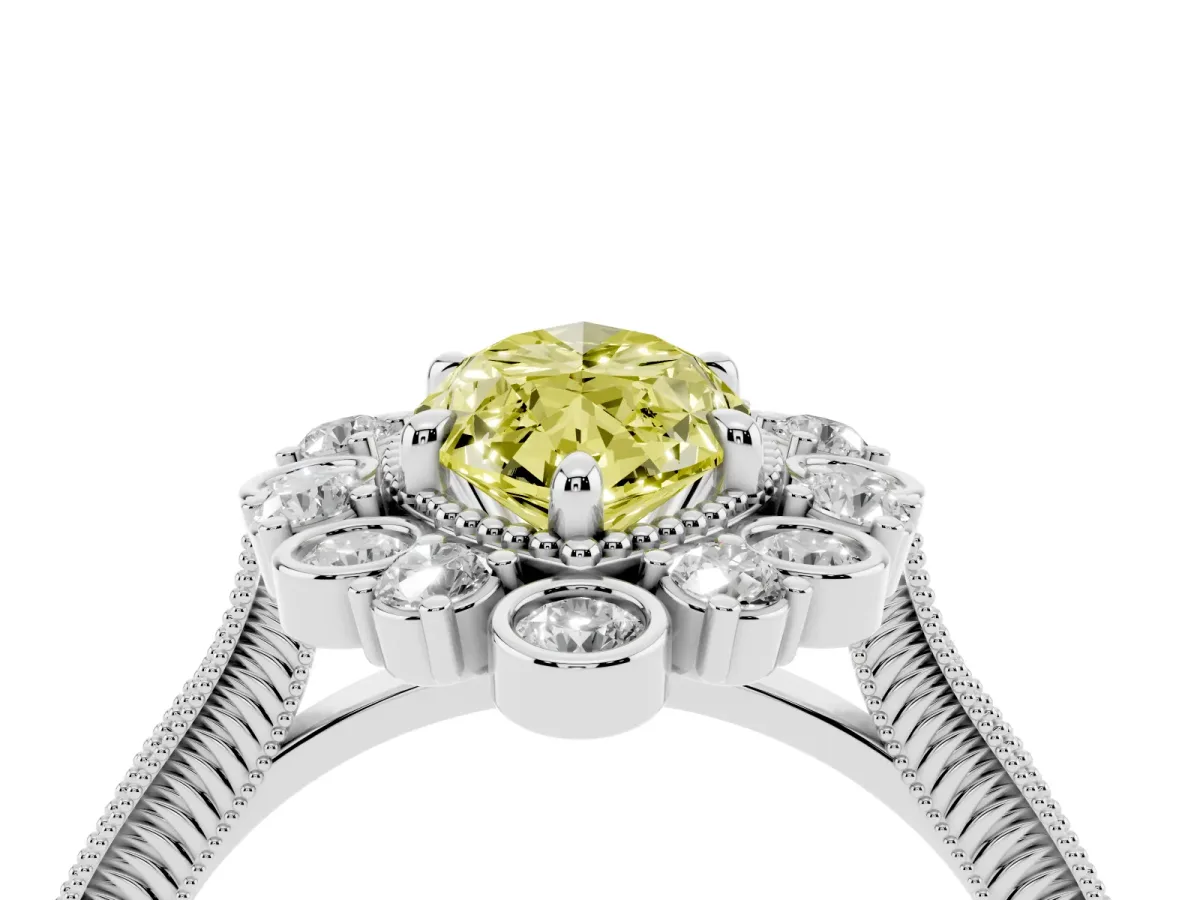 Fancy Yellow Marquise Cut Halo Milgrain Pave Diamond Ring with Four-Prong Setting Silver
