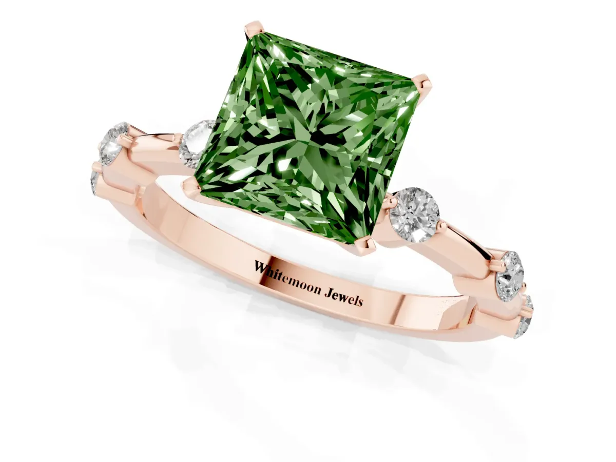 Fancy Green Princess Cut Solitaire Diamond Ring with Bezel Set Side Stones and Prong Setting Rose gold