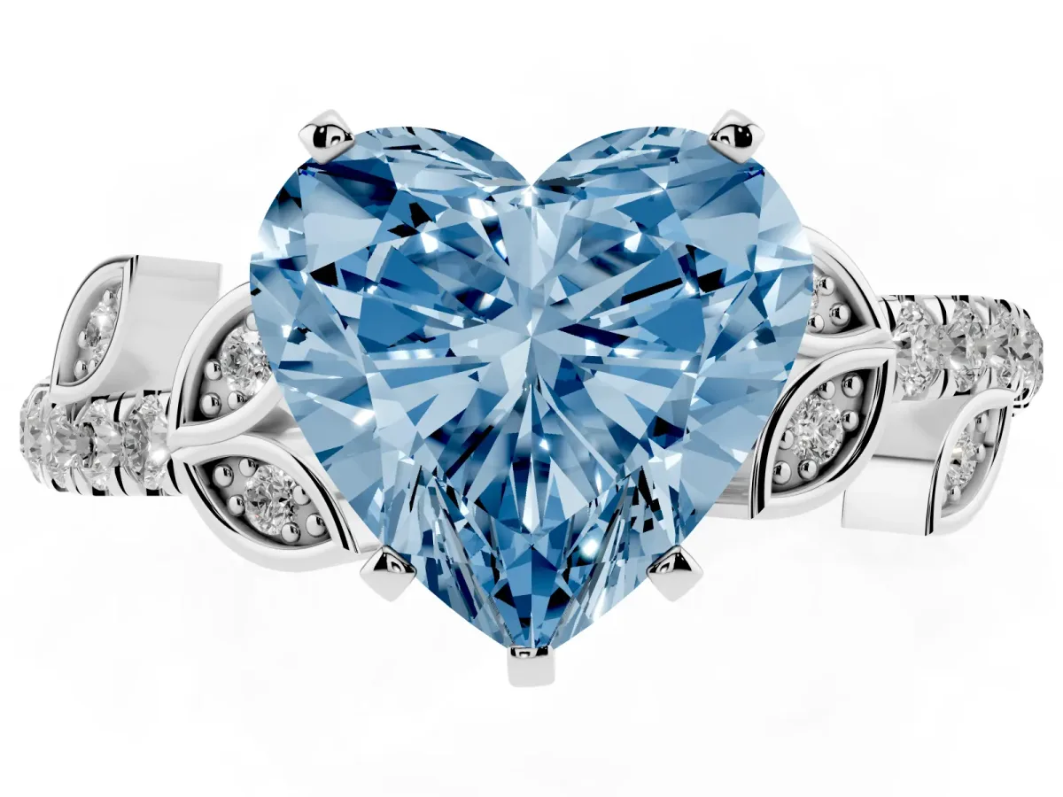 Fancy Blue Heart Cut Solitaire Leaf-Inspired Diamond Ring with Pavé Band and Four-Prong Setting Silver