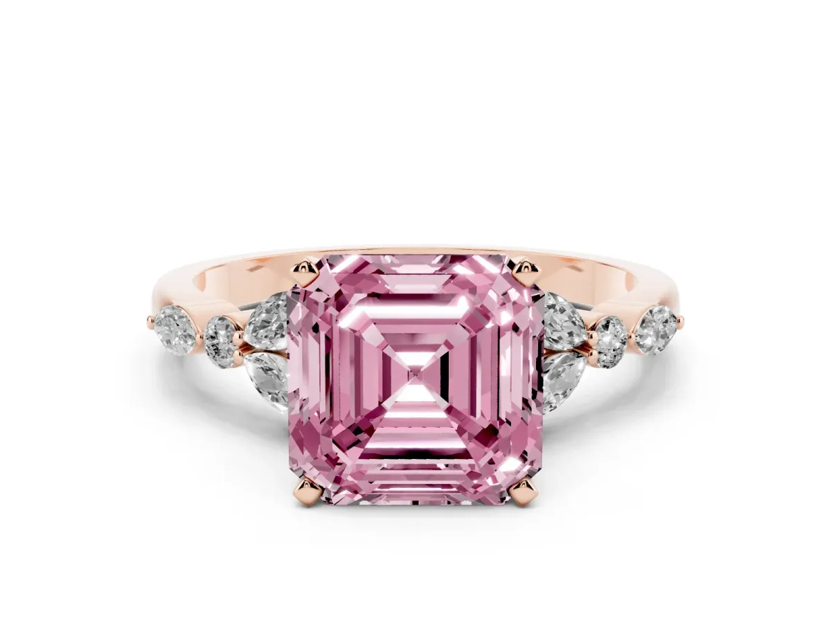 Fancy Pink Asscher Cut Diamond Solitaire Ring with Side Stones and Four-Prong Setting Rose gold