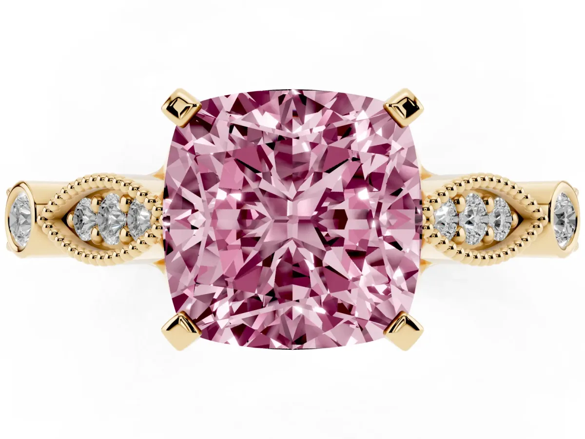 Fancy Pink Cushion Cut Cut Diamond with Milgrain Marquise and Bezel Accents on a Solitaire Band with Prong Setting Yellow gold