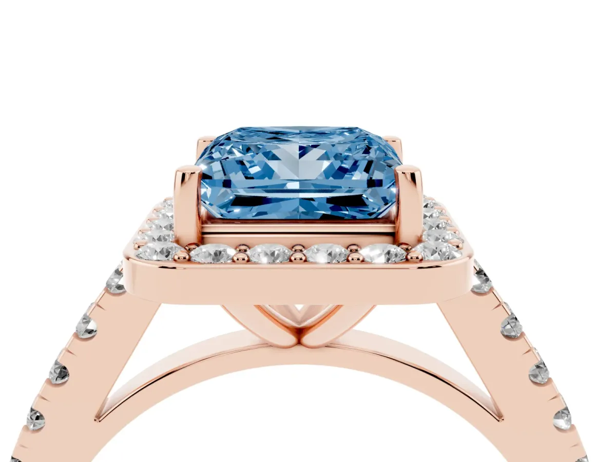 Fancy Blue Princess Cut Diamond Halo Ring with Round Pavé Split Shank and Prong Setting Rose gold