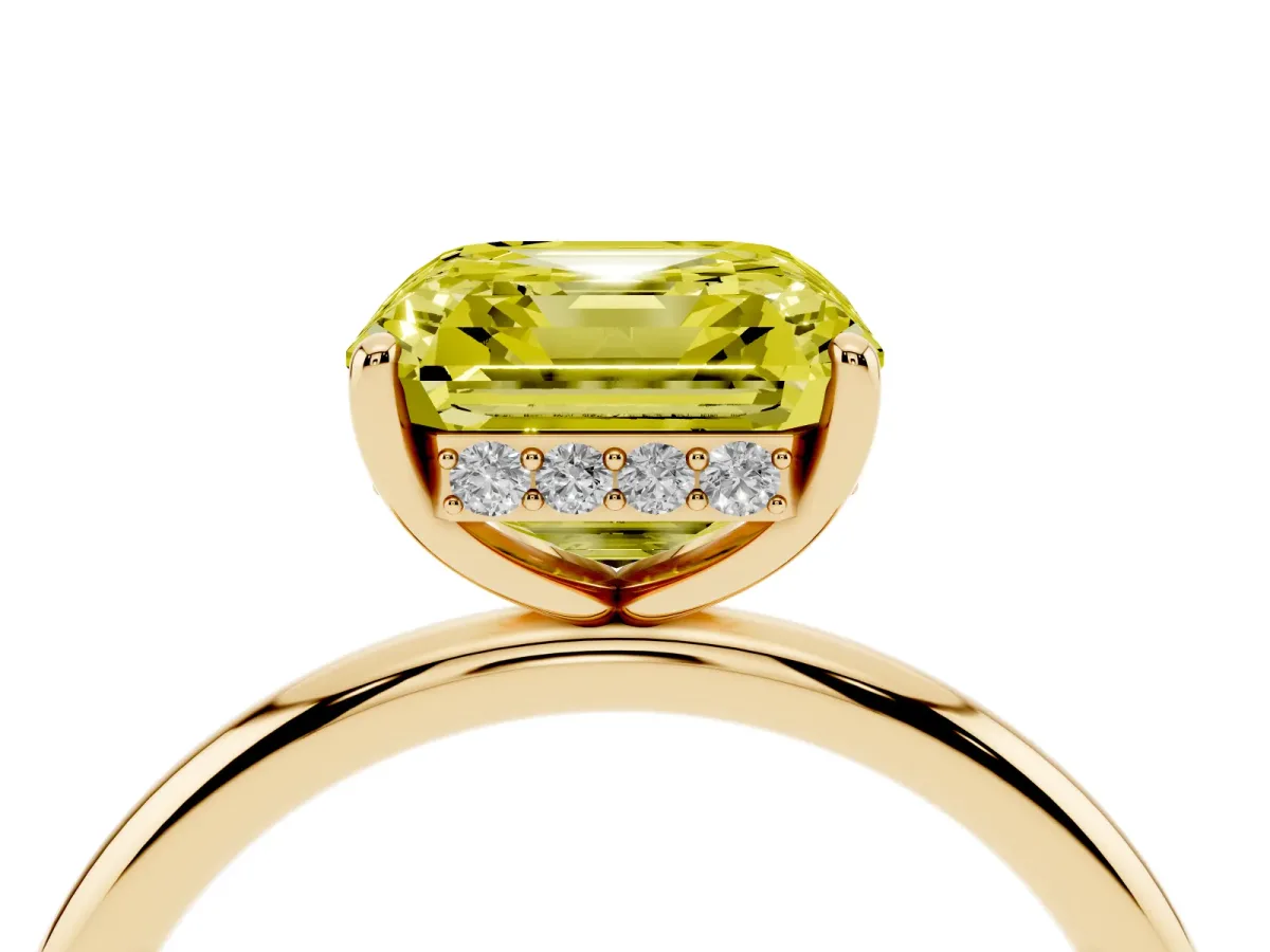 Fancy Yellow Asscher Cut Solitaire Diamond Ring with a Classic Band and Four-Prong Setting Yellow gold