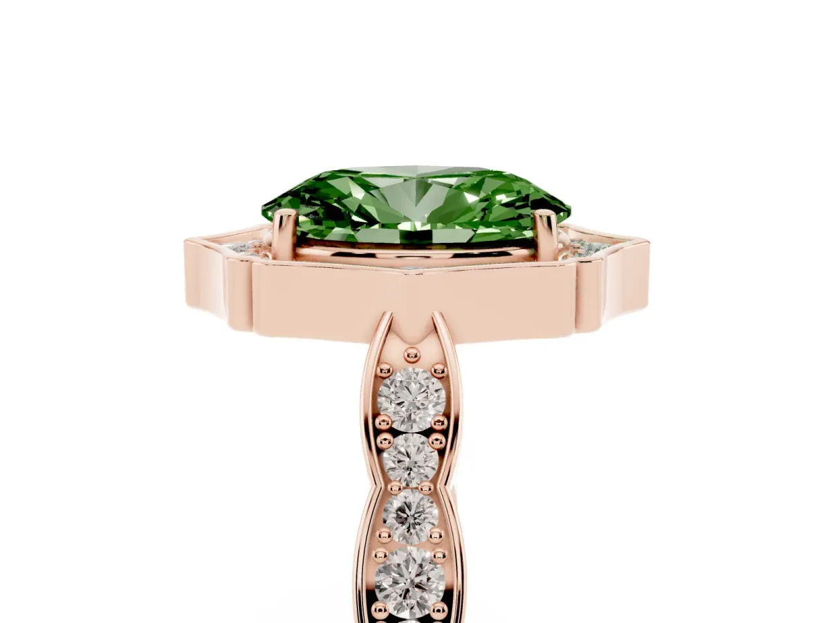 Fancy Green Oval Cut Halo Diamond Engagement Ring with Milgrain Band and Four-Prong Setting Rose gold