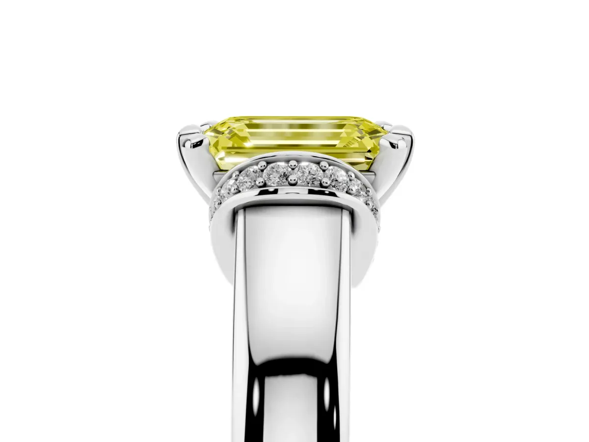 Fancy Yellow Emerald Cut Solitaire Diamond Ring with Pave Band and Six-Prong Setting Platinum
