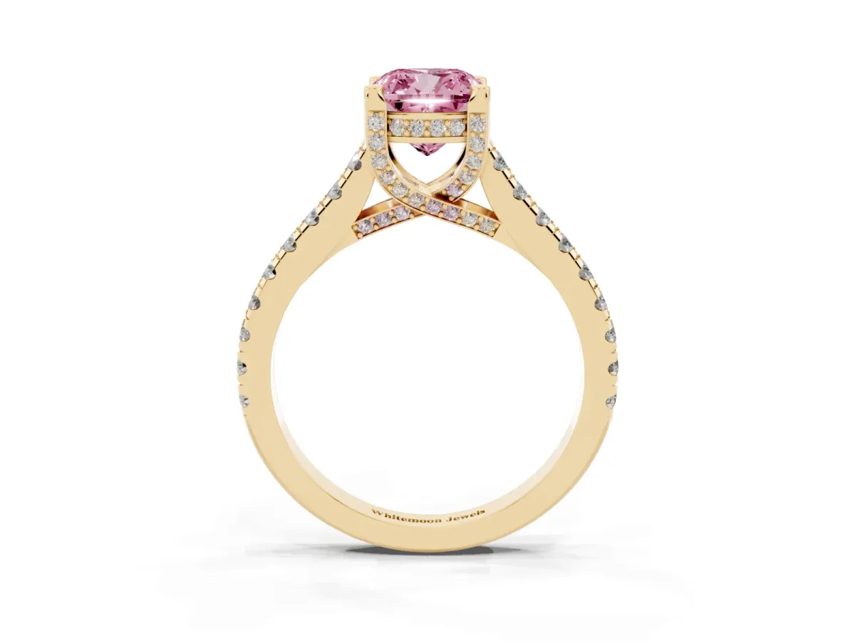 Fancy Pink Cushion Cut Brilliant Diamond Solitaire with Pavé Band and Four-Prong Setting Yellow gold