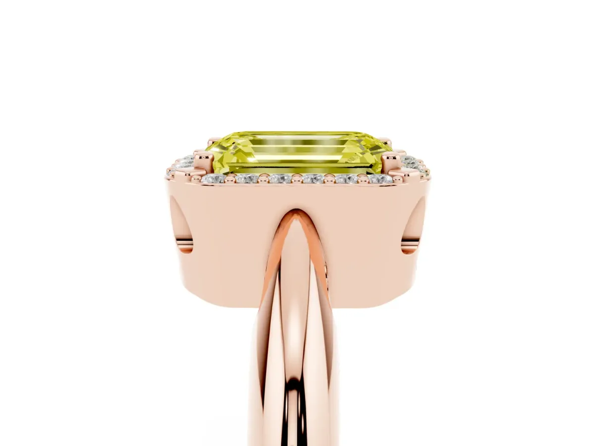 Fancy Yellow Emerald Cut Cut Diamond Halo Engagement Ring with Split Shank and Four-Prong Setting Rose gold