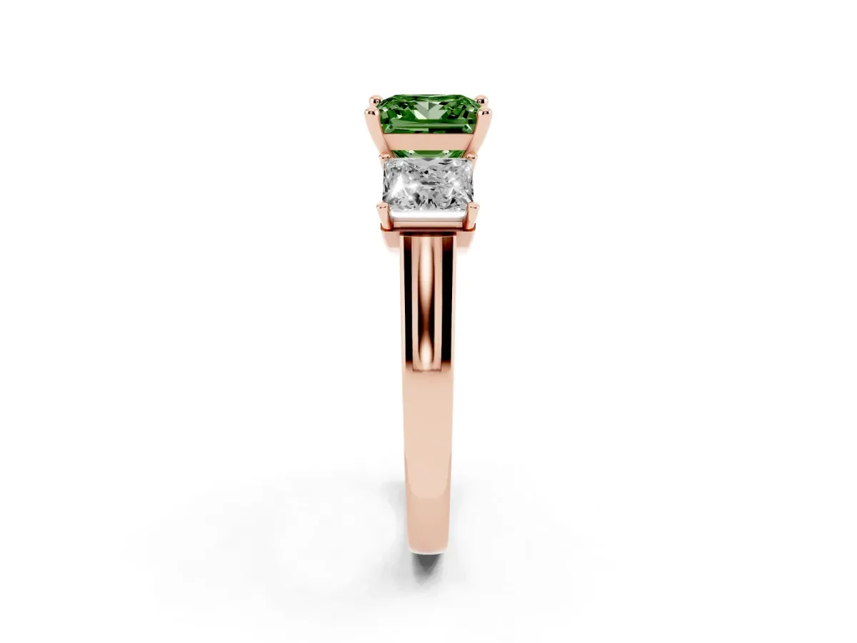 Fancy Green Three-Stone Princess Cut Brilliant Diamond Trellis Ring with Comfort Fit Band Rose gold