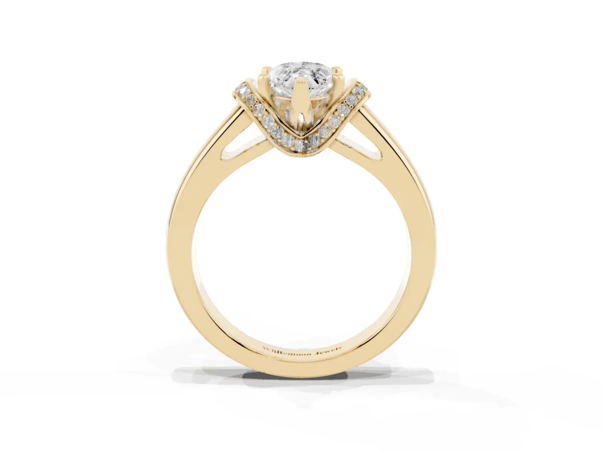 Marquise Cut Solitaire Diamond Ring with Pave Band and Six-Prong Setting Yellow gold