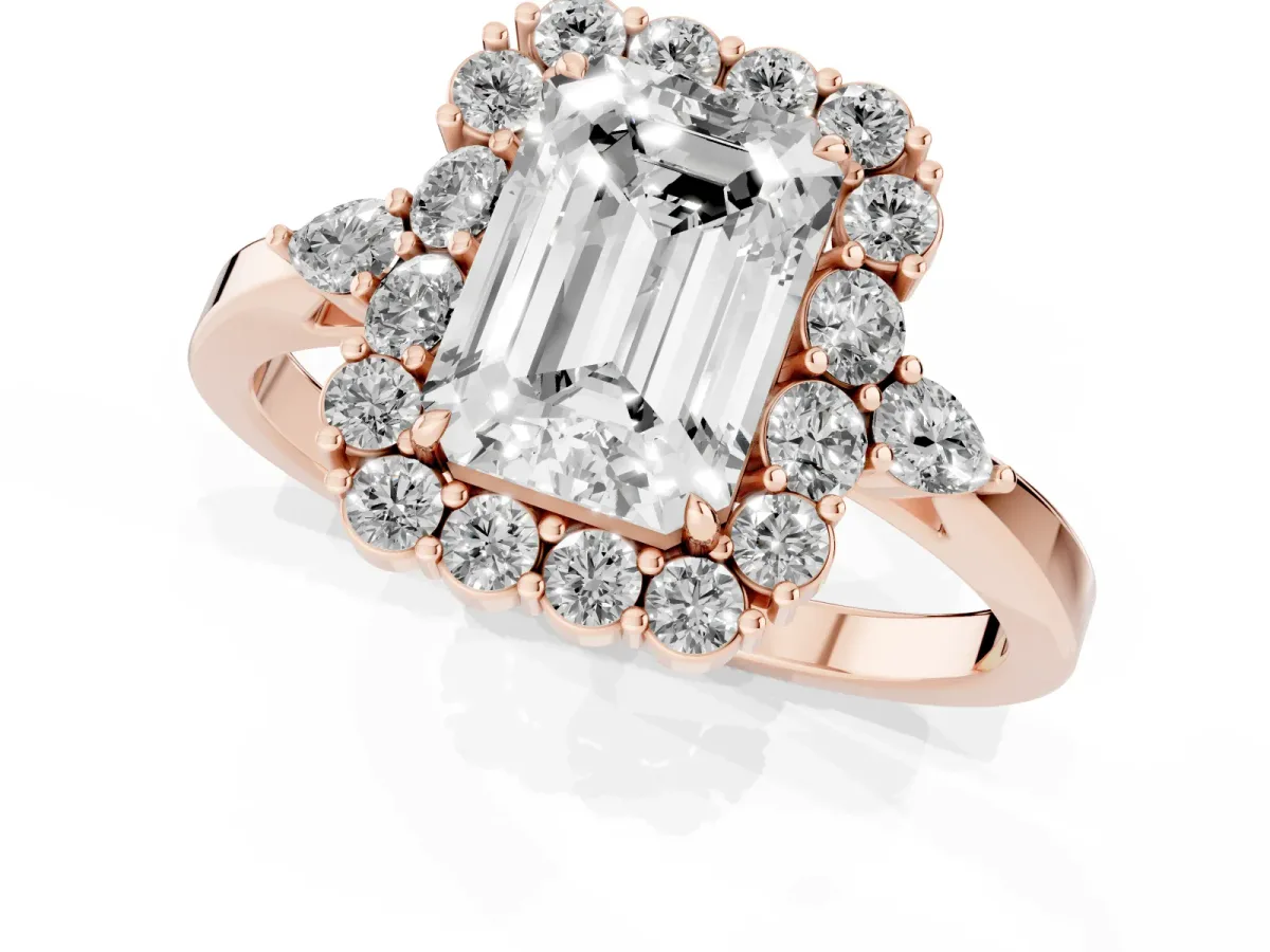 Emerald Cut Diamond Halo Ring with Pear Side Stones and Prong Setting Rose gold