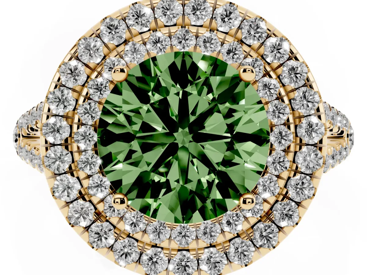 Fancy Green Round Cut Diamond Double Halo Ring with Pavé Band and Prong Setting Yellow gold