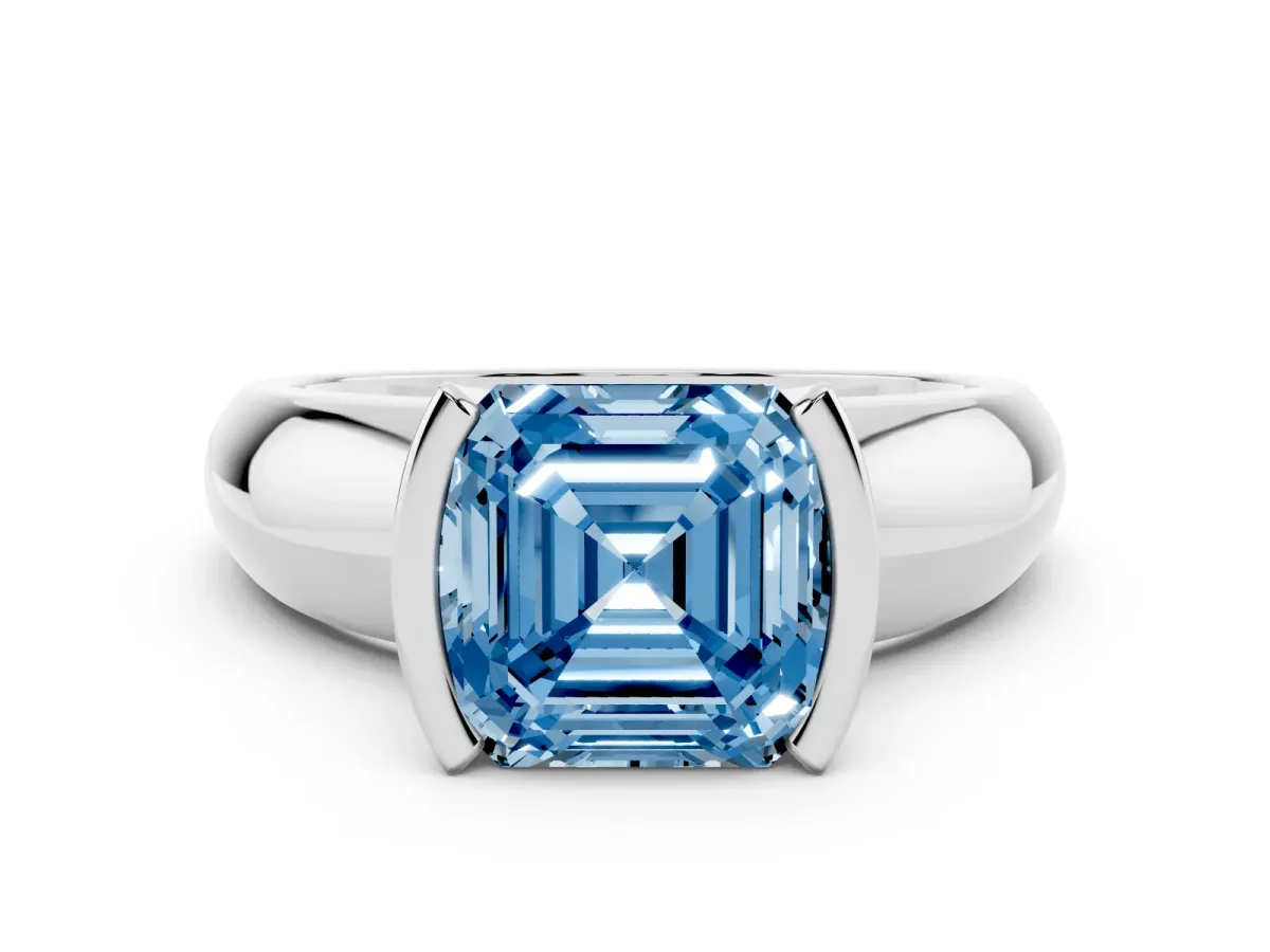 Fancy Blue Asscher Cut Solitaire Tension Set Diamond Ring with Wide Band White gold