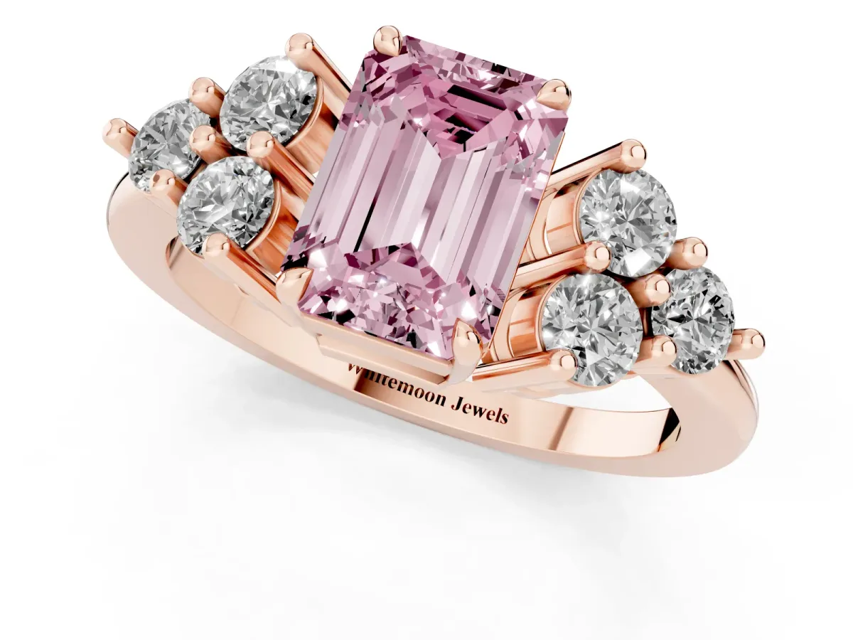 Fancy Pink Emerald Cut Brilliant Diamond Cluster Accent Solitaire Ring with Prong Setting Rose gold