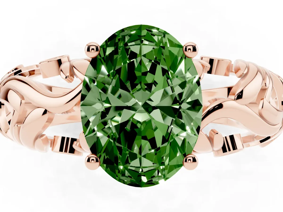Fancy Green Oval Cut Solitaire Diamond Leaf-Inspired Vine Band Ring with Prong Setting Rose gold