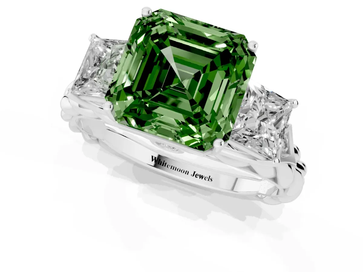 Fancy Green Three-Stone Asscher Cut Diamond Braided Band Ring with Four-Prong Setting Platinum