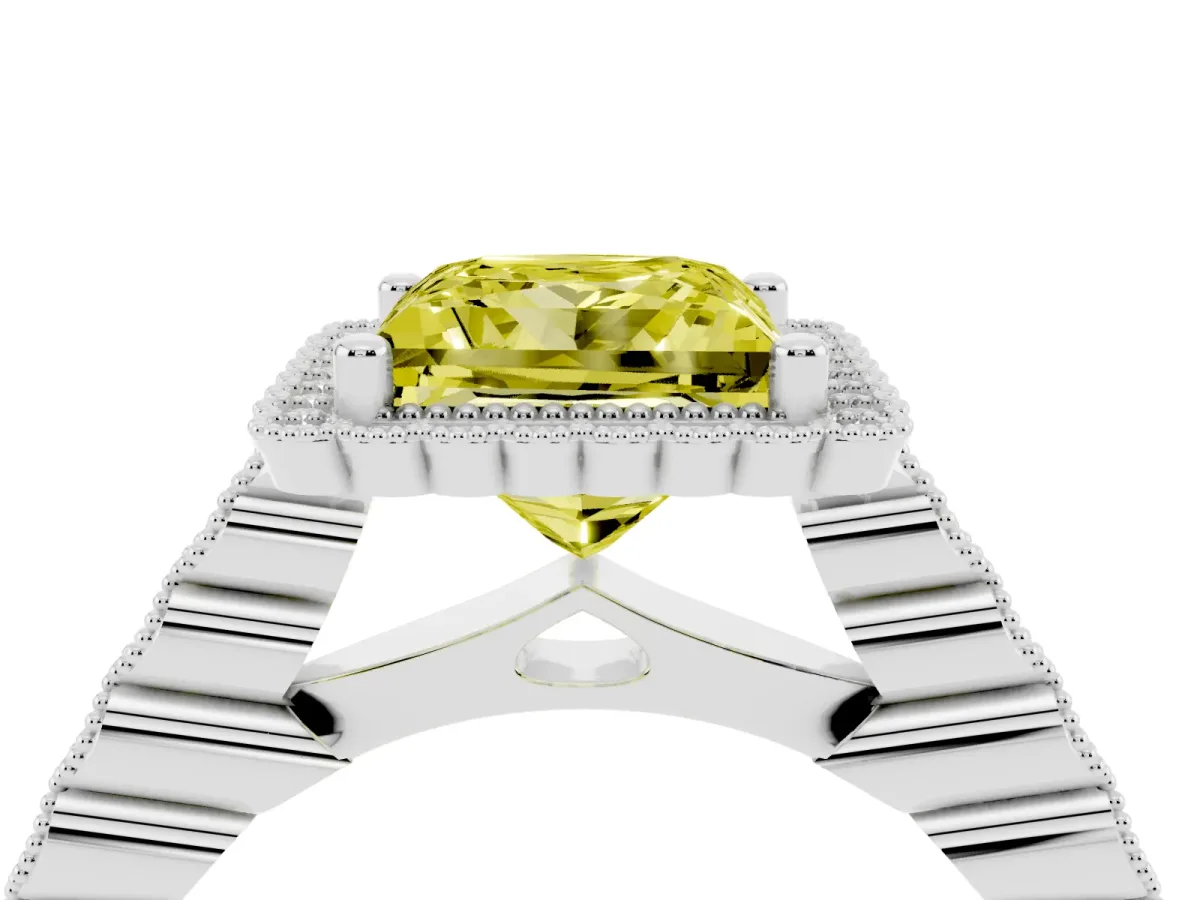Fancy Yellow Princess Cut Cut Halo Pavé Solitaire Ring with Milgrain Band Platinum