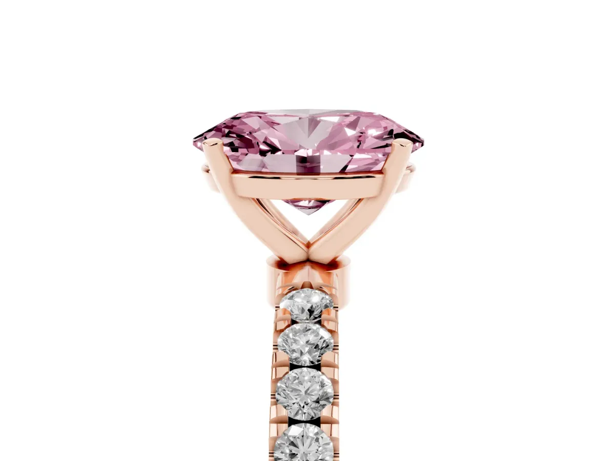 Fancy Pink Oval Cut Diamond Solitaire Ring with Pavé Accents and Four-Prong Setting Rose gold