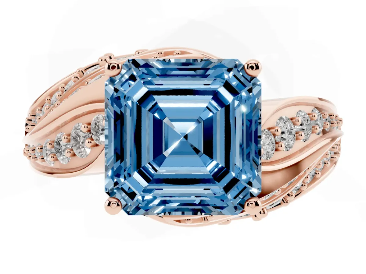 Fancy Blue Asscher Cut Diamond Solitaire Ring with Prong Setting and Twisted Pavé Band Rose gold