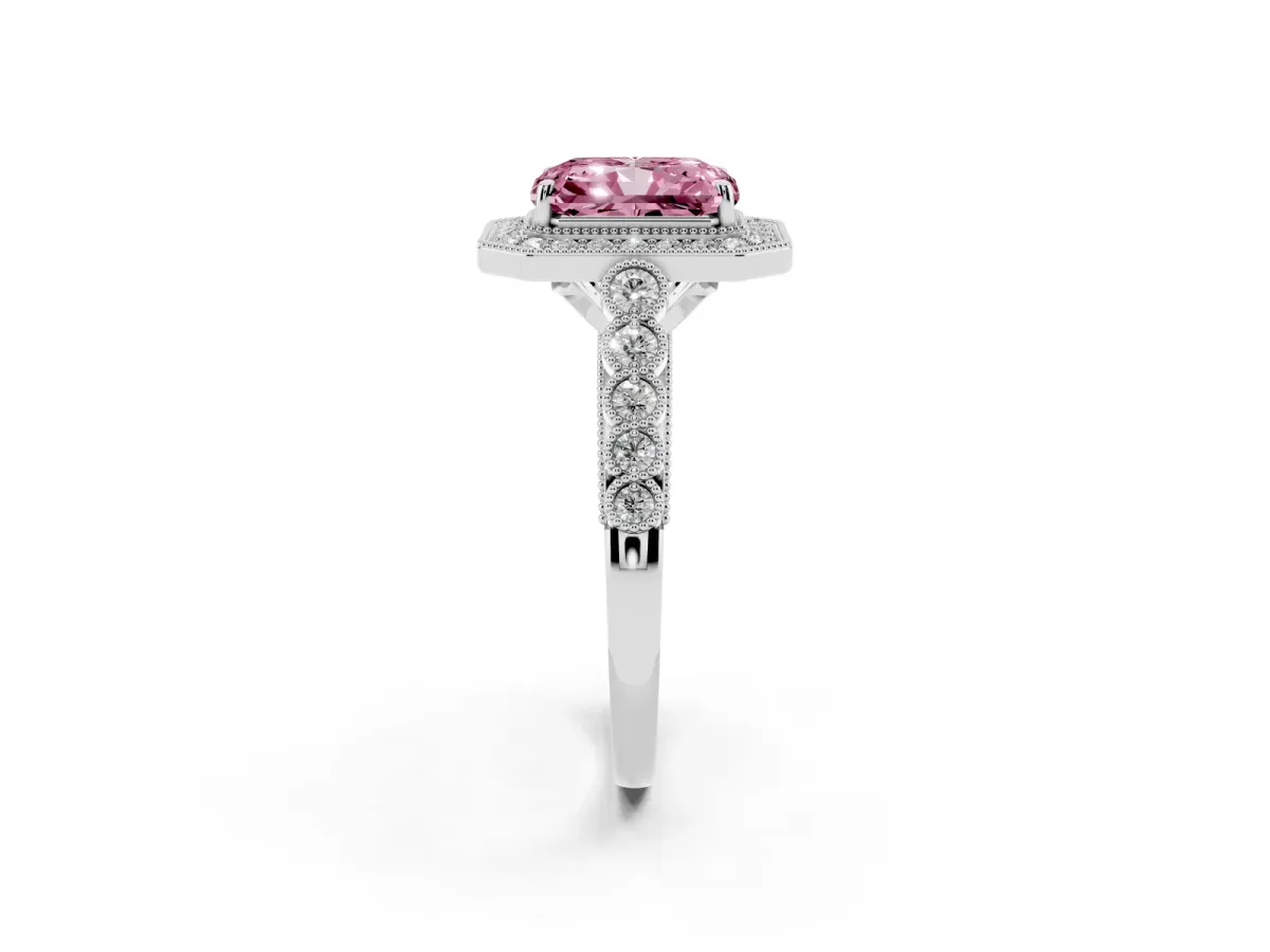Fancy Pink Radiant Cut Halo Milgrain Solitaire with Bezel Set Side Stones and Pave Band Platinum