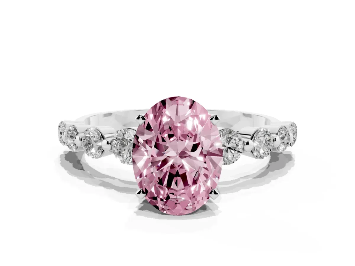 Fancy Pink Oval Cut Solitaire Diamond Ring with Pave Band and Four-Prong Setting Silver
