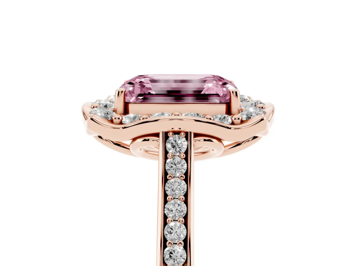 Fancy Pink Emerald Cut Halo Round Diamond Pave Band with Four-Prong Setting Rose gold