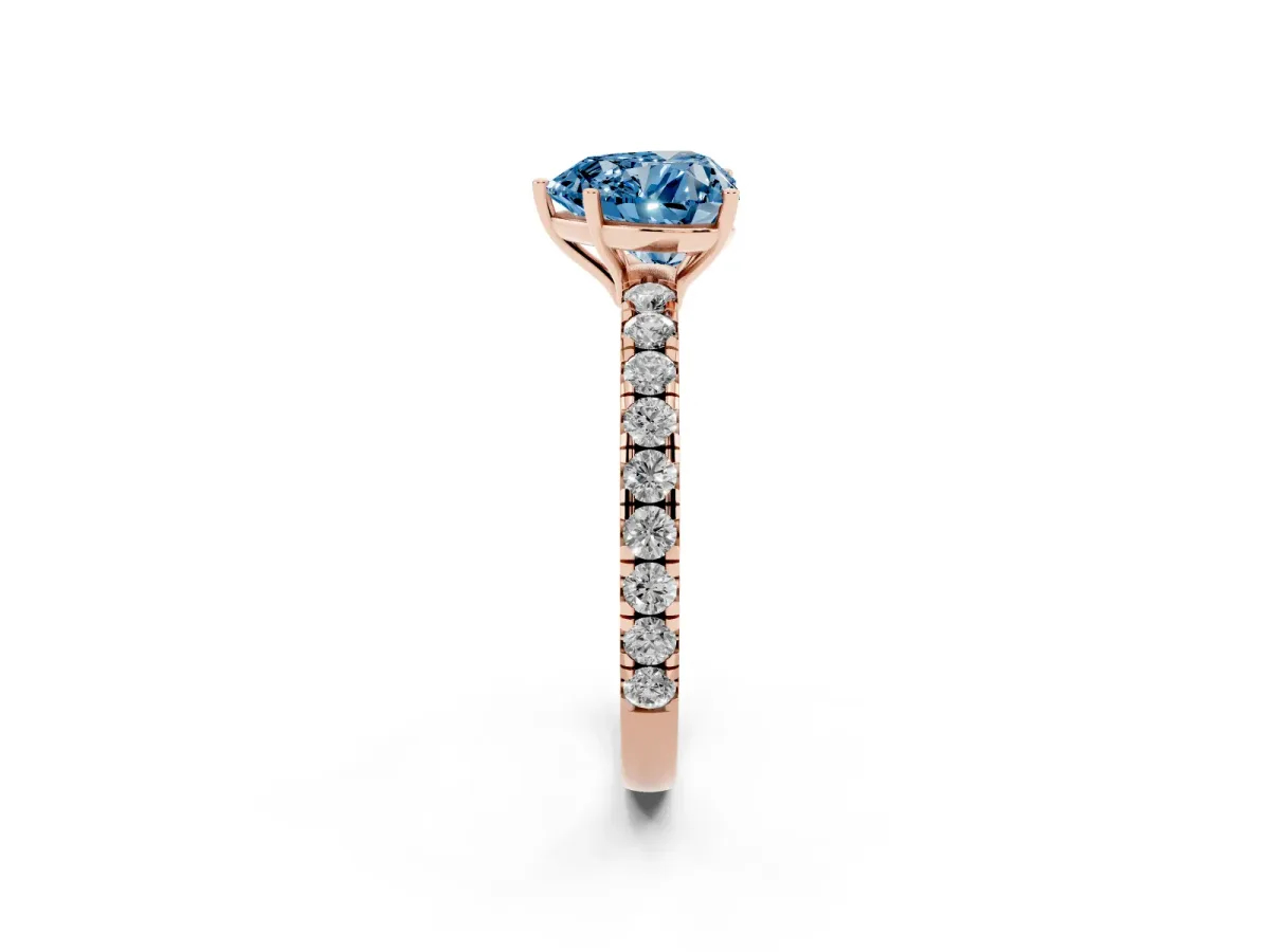 Fancy Blue Heart Cut Diamond Pavé Solitaire Engagement Ring with Four-Prong Setting Rose gold