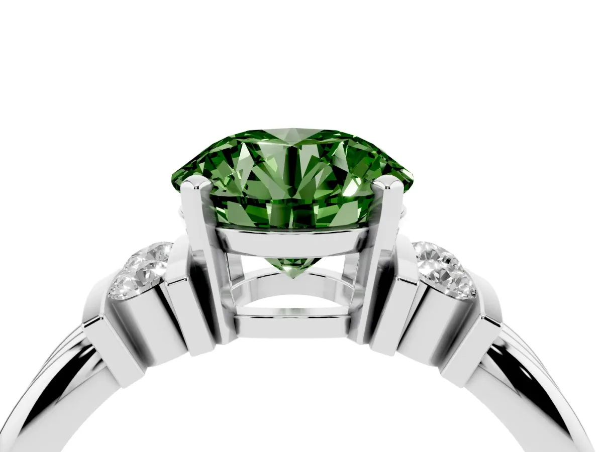 Fancy Green Round Cut Cut Three-Stone Channel Set Ring with Bar Prongs Silver