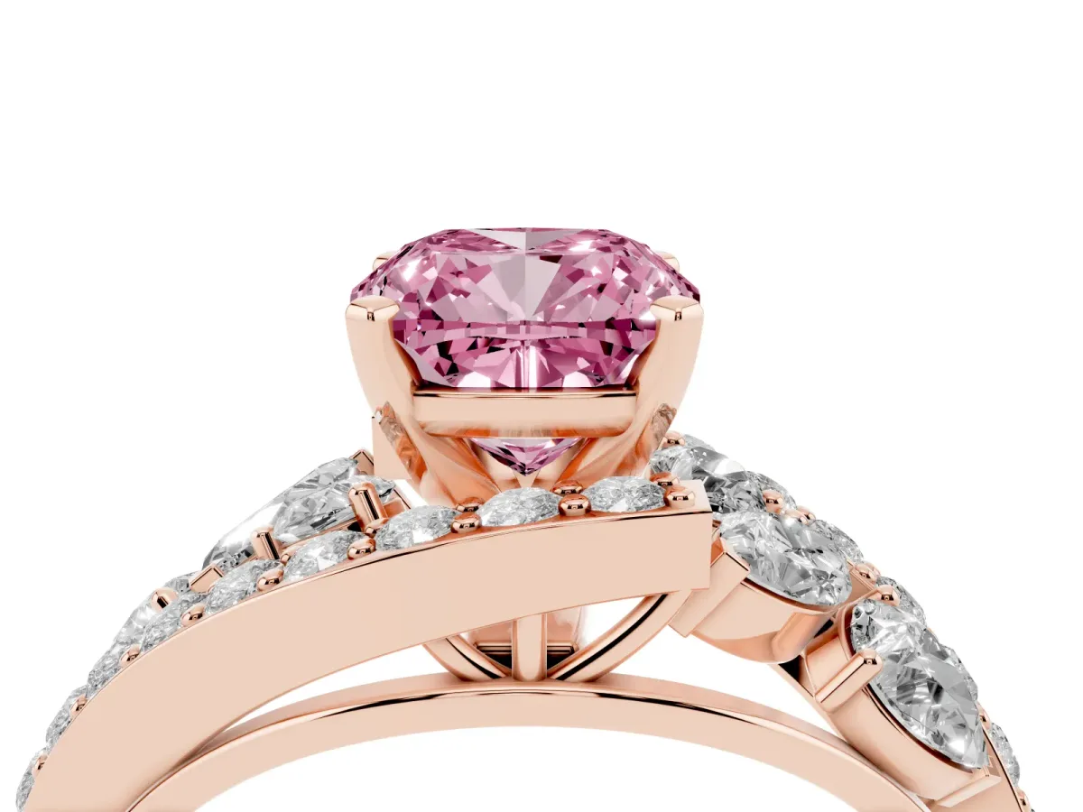 Fancy Pink Cushion Cut Diamond Halo Ring with Marquise and Pavé Band in Prong Setting Rose gold