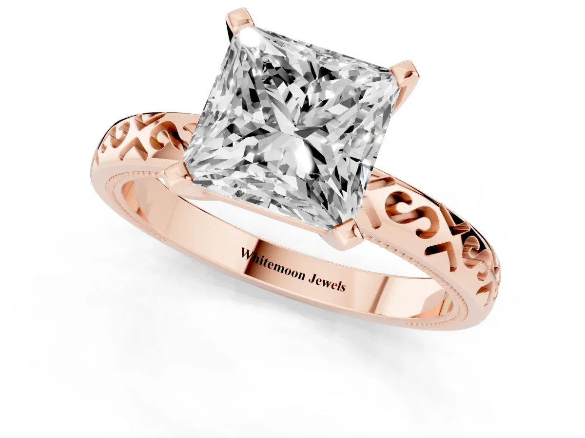 Princess Cut Solitaire Engagement Ring with Scrollwork Band and Four-Prong Setting Rose gold