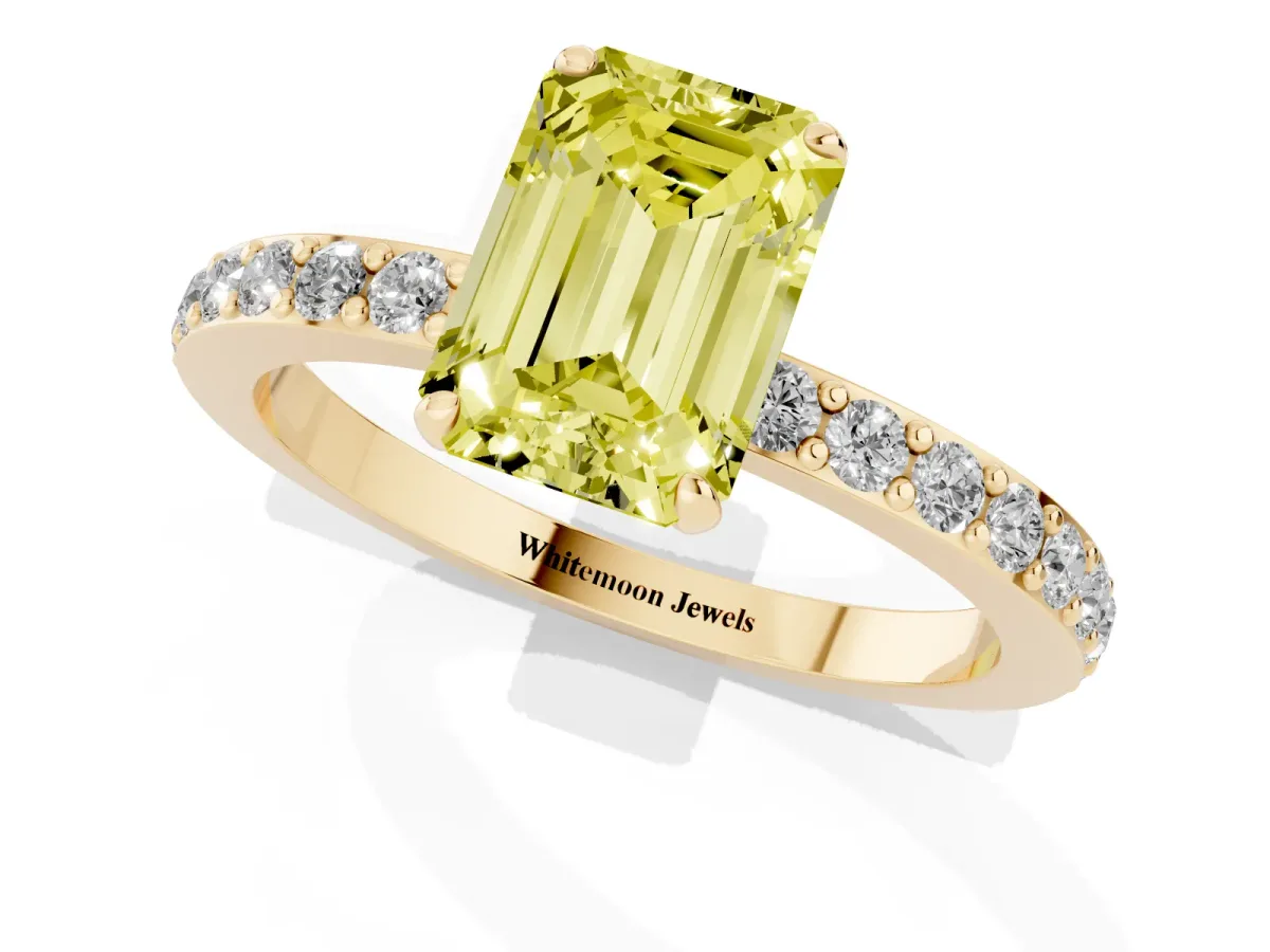 Fancy Yellow Emerald Cut Diamond Pavé Engagement Ring with Round Accents and Prong Setting Yellow gold