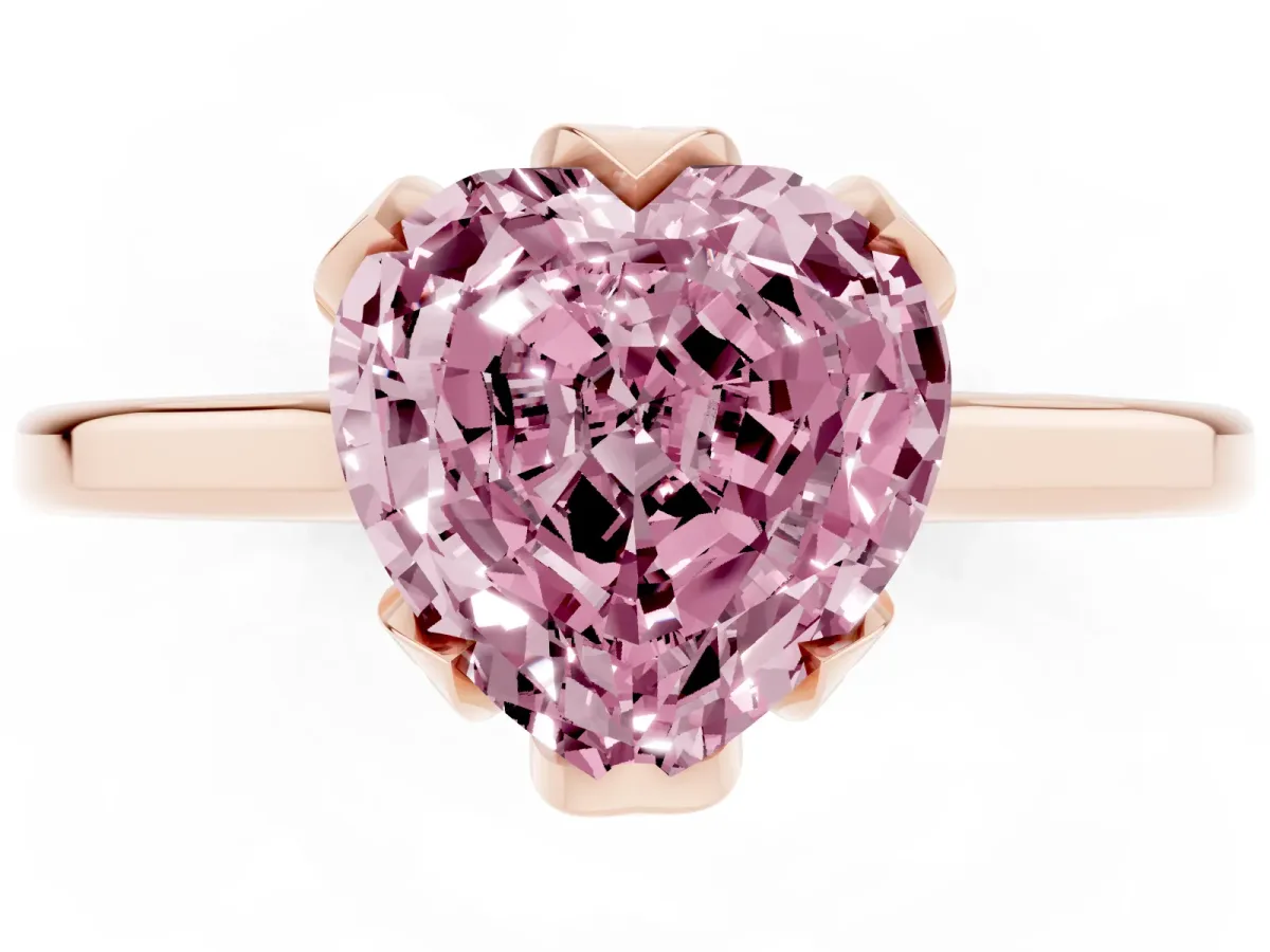Fancy Pink Heart Cut Diamond Solitaire Ring with Flower Prong Setting and Classic Band Rose gold