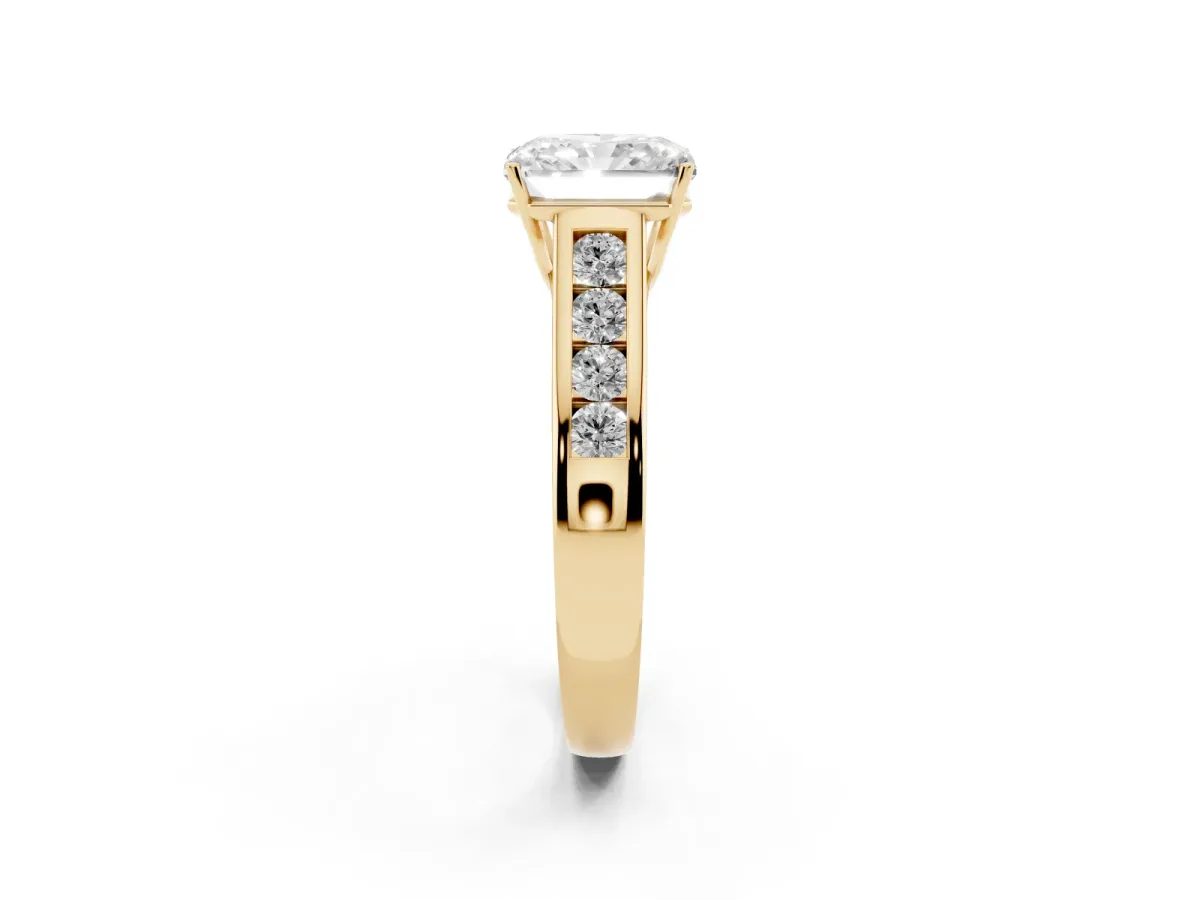 Radiant Cut Solitaire Channel-Set Diamond Engagement Ring with Four-Prong Setting Yellow gold