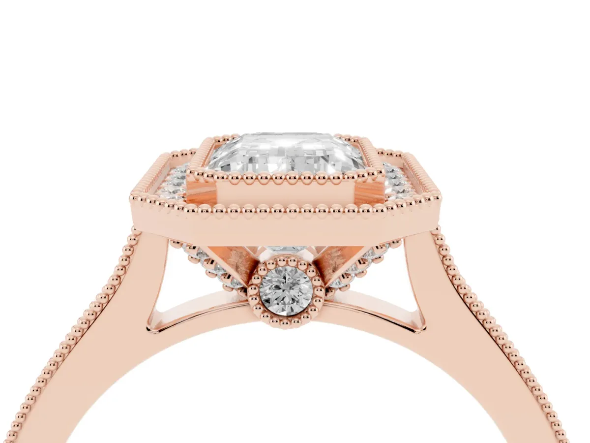 Halo Emerald Cut-Cut Diamond Pave Band Milgrain Prong Setting Ring Rose gold