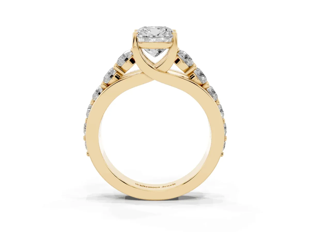 Cushion Cut Diamond Engagement Ring with Pavé Band and Four-Prong Setting Yellow gold