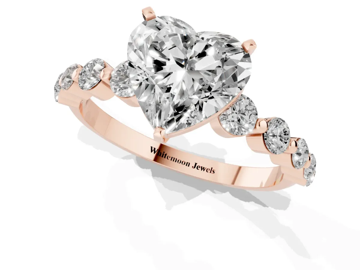 Heart Cut Solitaire Diamond Ring with Pave Band and Four-Prong Setting Rose gold