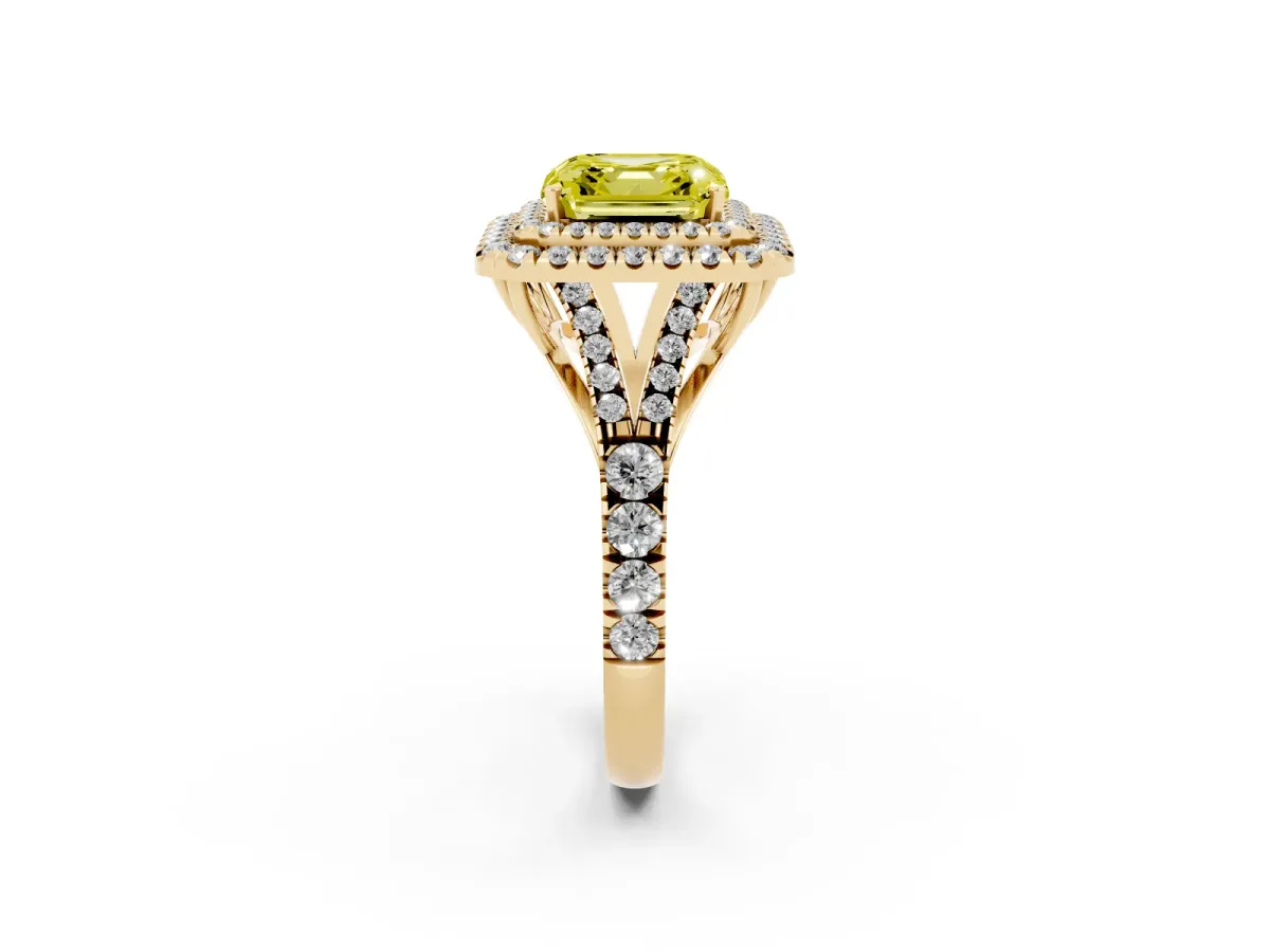 Fancy Yellow Asscher Cut Cut Double Halo Split Shank Diamond Ring with Prong Setting Yellow gold
