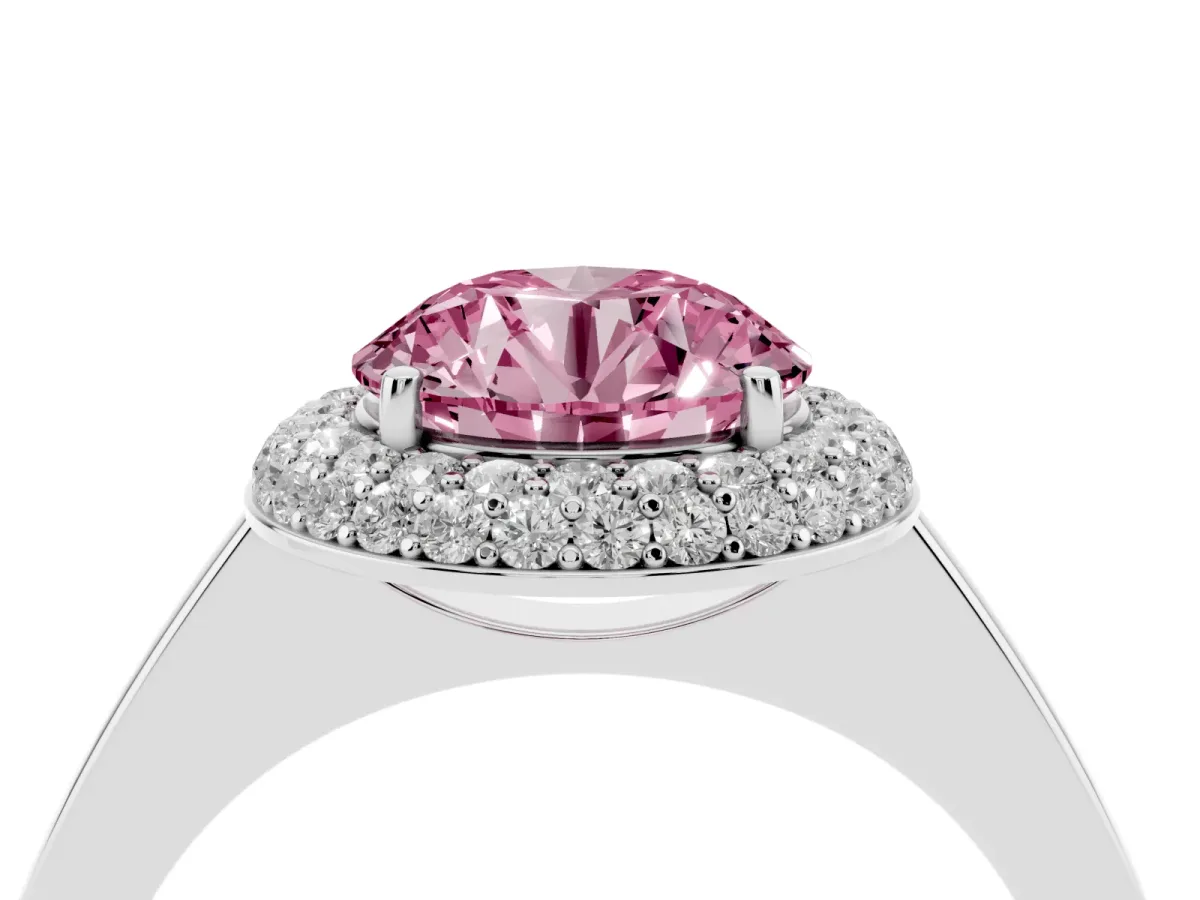 Fancy Pink Round Cut Halo Diamond Engagement Ring with Solitaire Band and Four-Prong Setting White gold