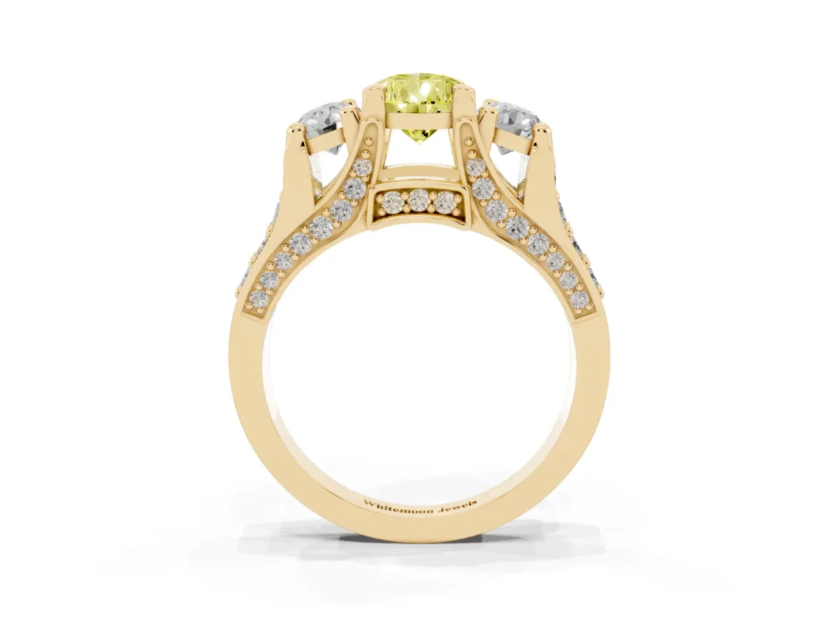 Fancy Yellow Pear Cut Diamond Three-Stone Ring with Channel Set Band and Four-Prong Setting Yellow gold