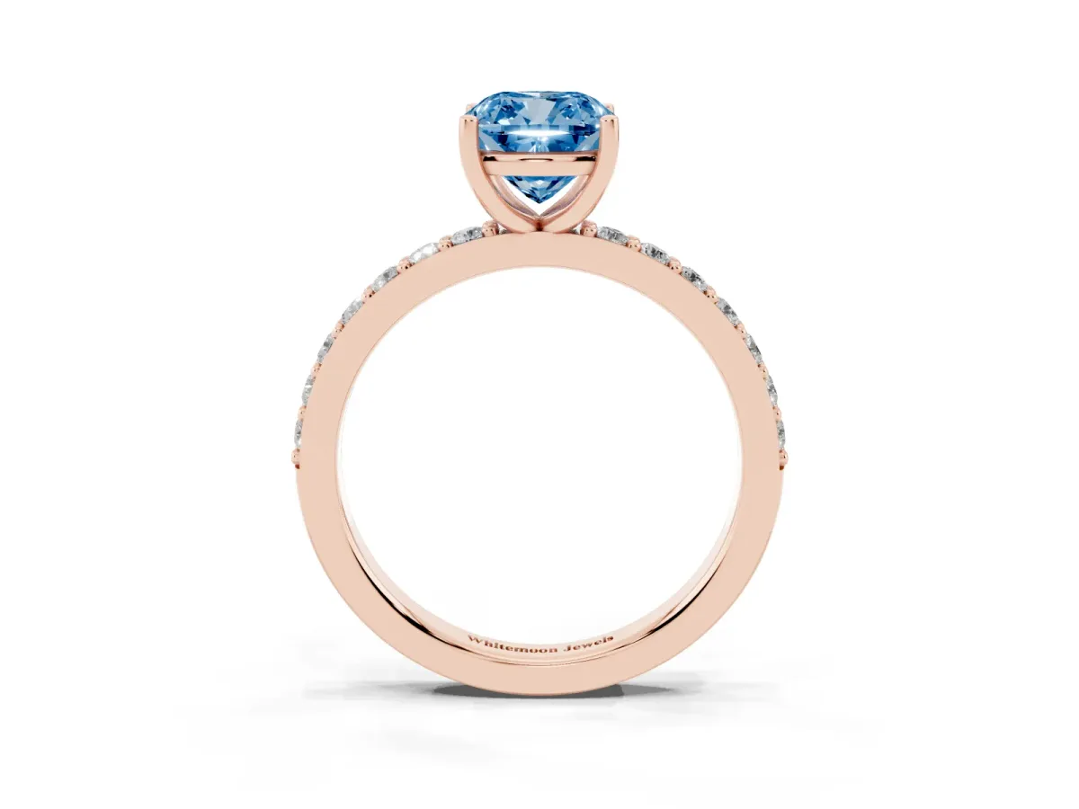 Fancy Blue Cushion Cut Cut Diamond Solitaire with Pave Band and Four-Prong Setting Rose gold