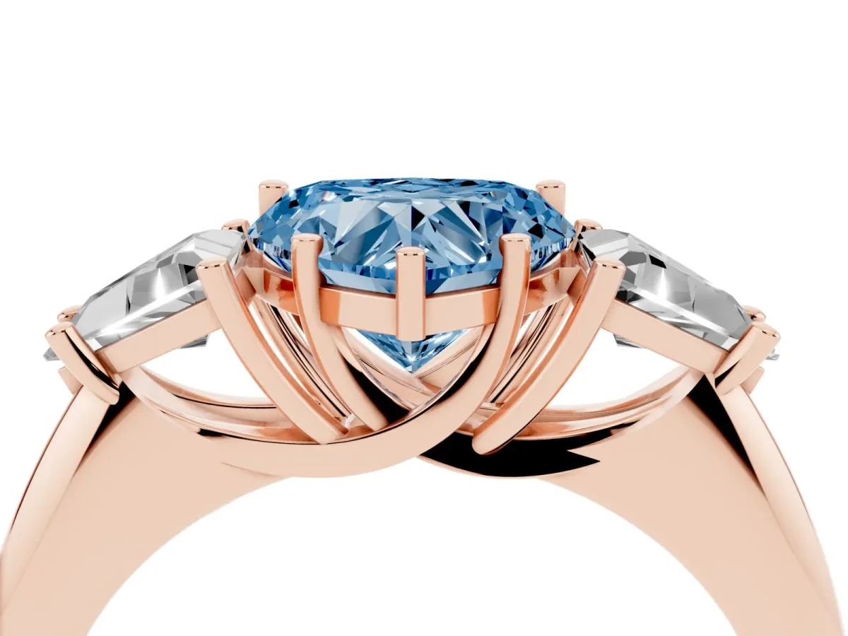 Fancy Blue Three-Stone Heart Cut Diamond Engagement Ring with Trillion Side Stones and Prong Setting Rose gold