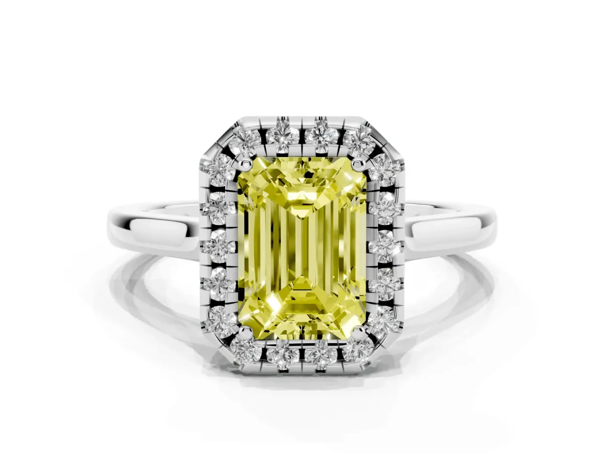 Fancy Yellow Emerald Cut Halo Round Diamond Solitaire Ring with Pavé Band and Four-Prong Setting Silver