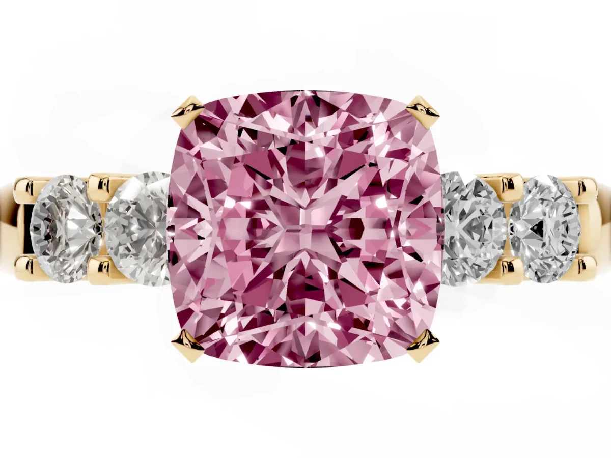 Fancy Pink Cushion Cut Brilliant Cut Diamond Five-Stone Prong Set Engagement Ring with Channel Band Yellow gold